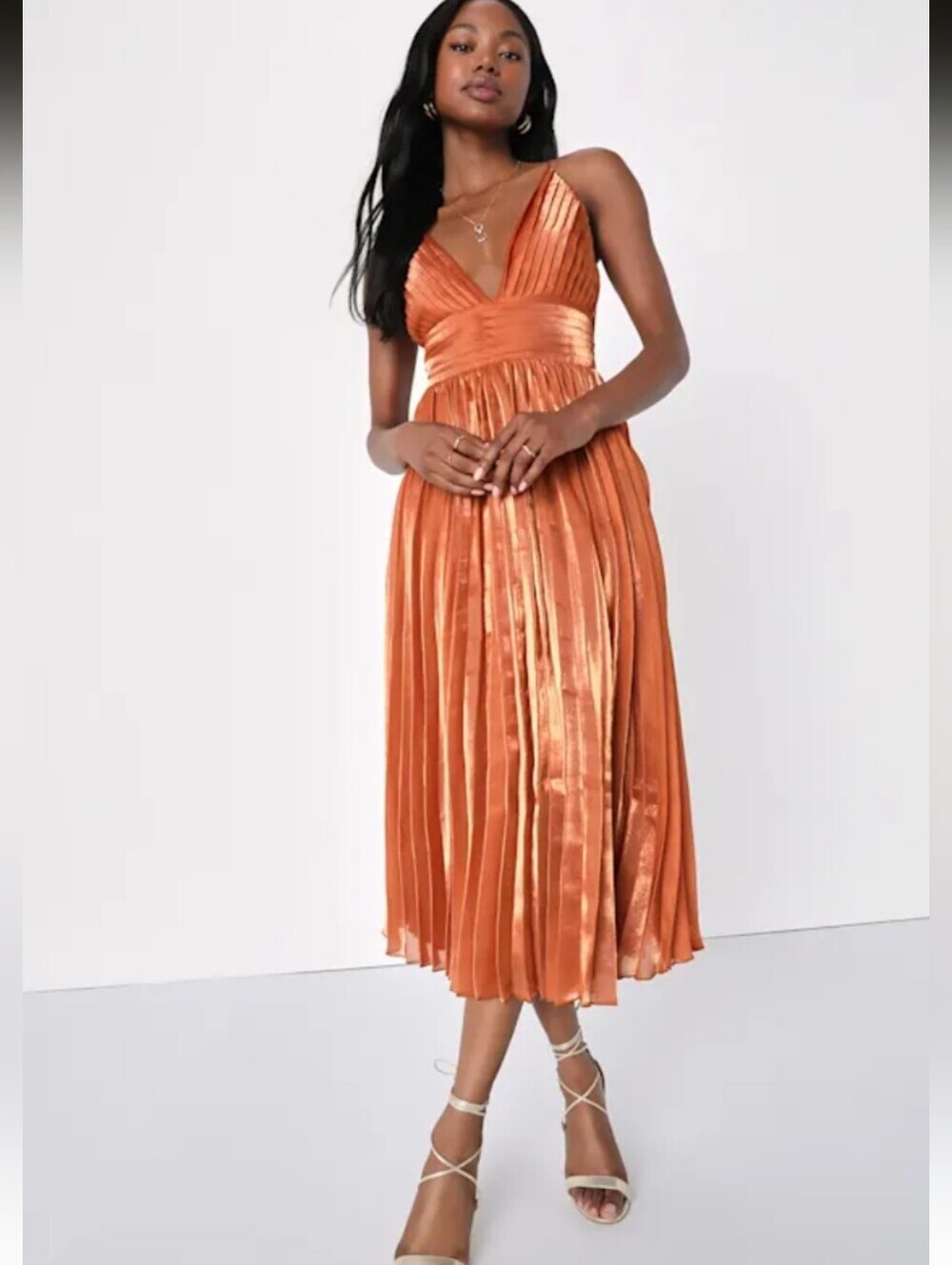 Lulu's Romantic Aesthetic Shiny Rust Orange Pleated Midi Dress Size XL NWT!